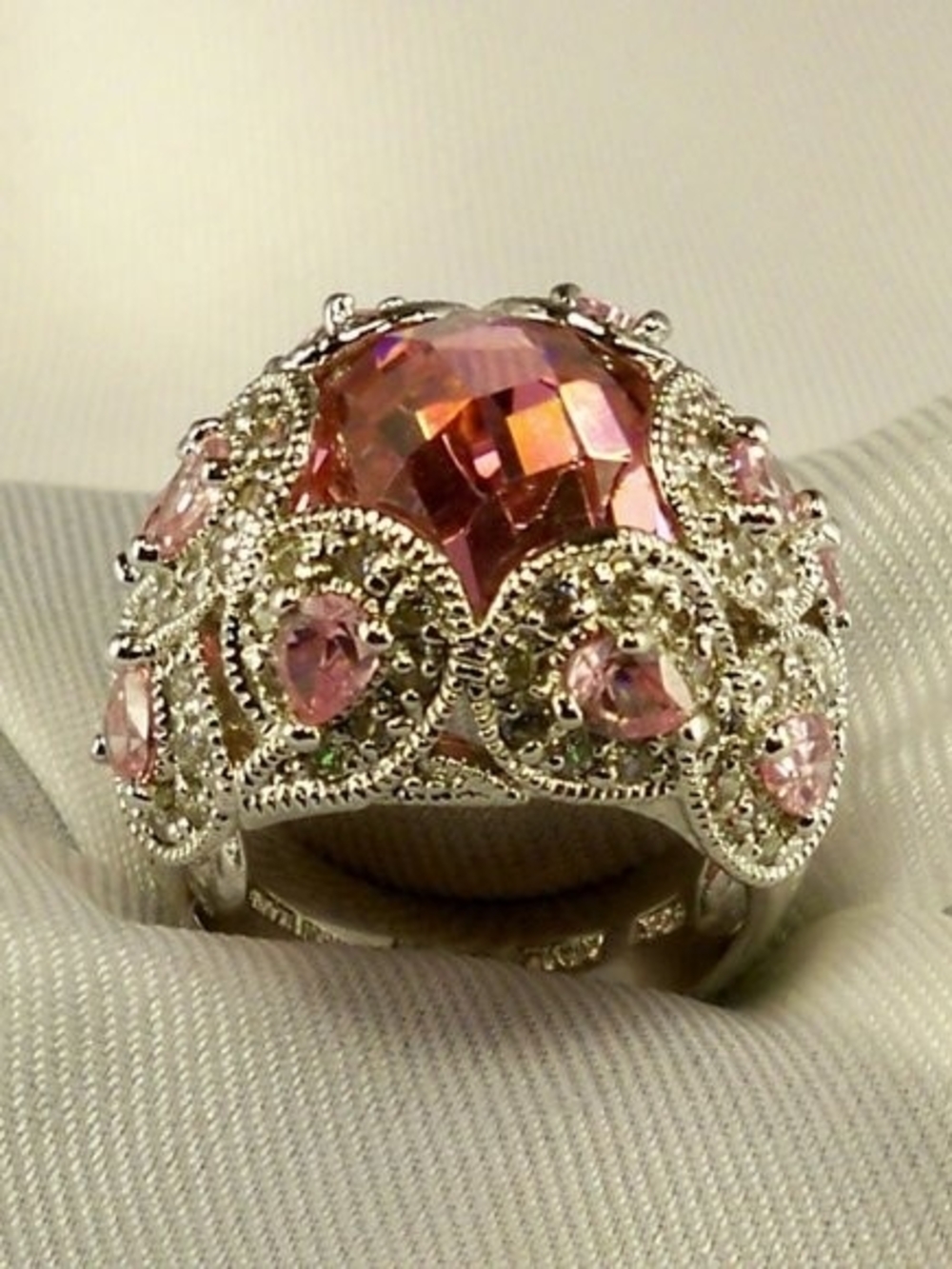 Vintage ADI Thailand Sterling Silver Pink Quartz Doublet & CZ Cocktail Ring